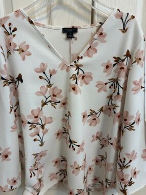 Ann Taylor Factory Petite Cream Blush Floral V-Neck Top